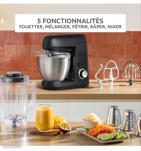 Robot moulinex neuf 1100WMoulinex Bake Partner, Robot pâtissier, Puissance 1100 W, Bol inox 4,6L, Batteur, Fouet, Pétrin, Blender, Découpe-légumes, Résultat homogène, Noir, QA522810 (image 3)