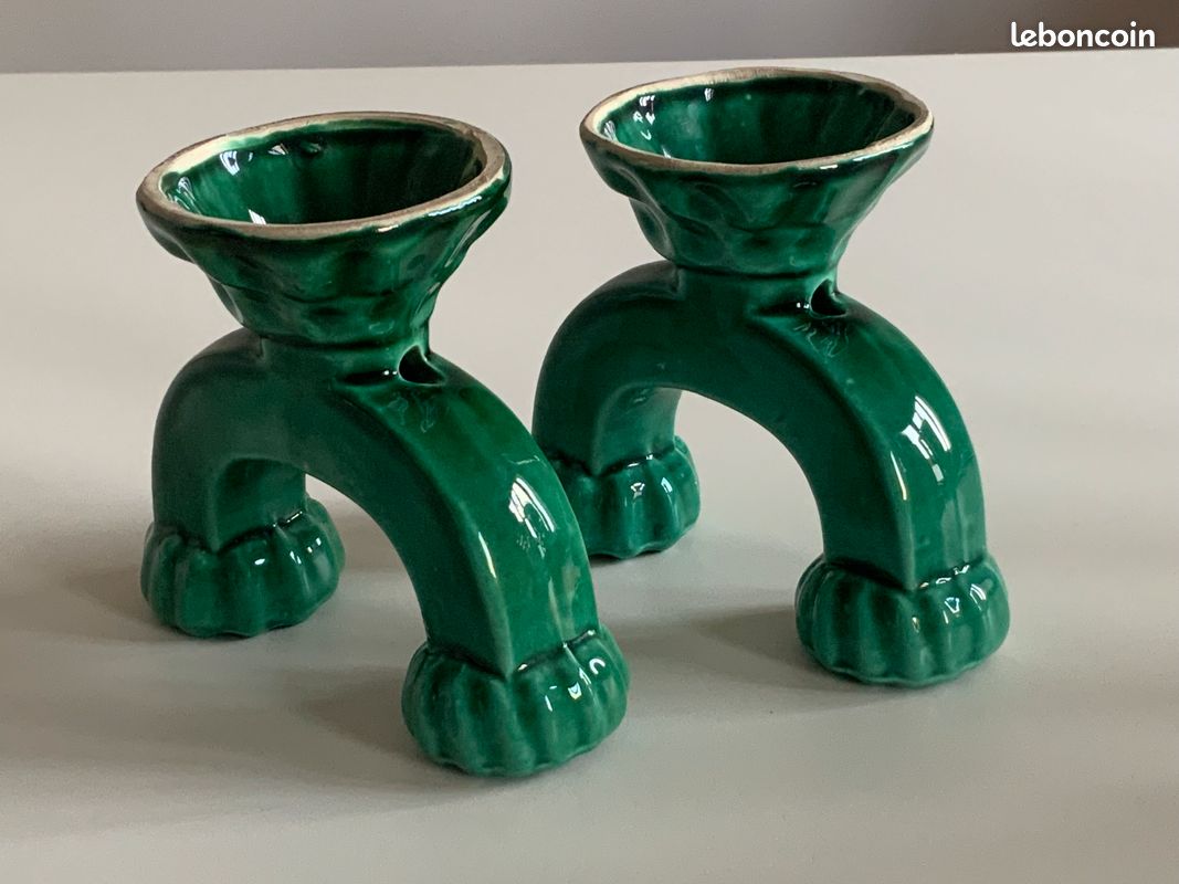 Paire de bougeoirs vintage en laiton et verre dépoli – style fleur tulipe - Décoration