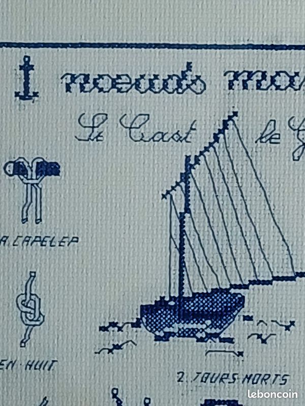 Tableau - Broderie Main sur toile Aïda - Point de croix -Sous verre - 28cm X 29cm – Noeuds marins – Vintage (image 5)