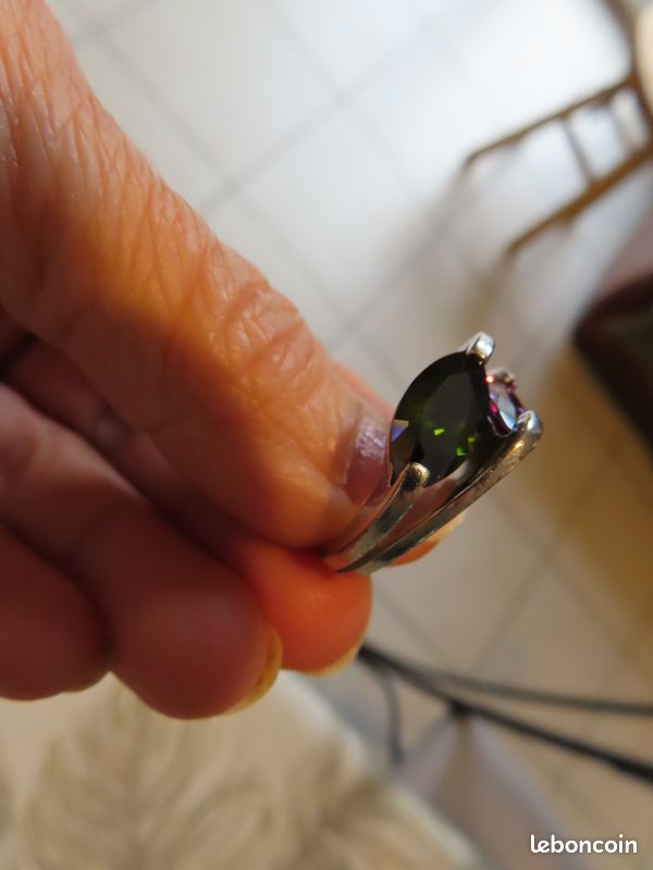 Bague Ancienne En Argent Massif 925 - Pierre Péridot Verte Et Améthyste, Taille 49, Très Bon état
