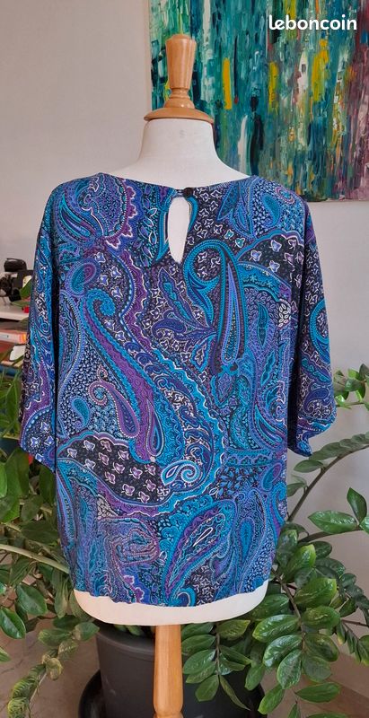 Sublime blouse vintage tons bleus, violets taille 44-46 (image 6)
