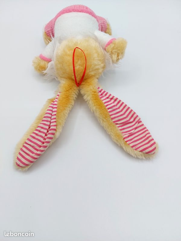 Doudou ours blanc rose bleu rose jaune rayures vichy CARREFOUR