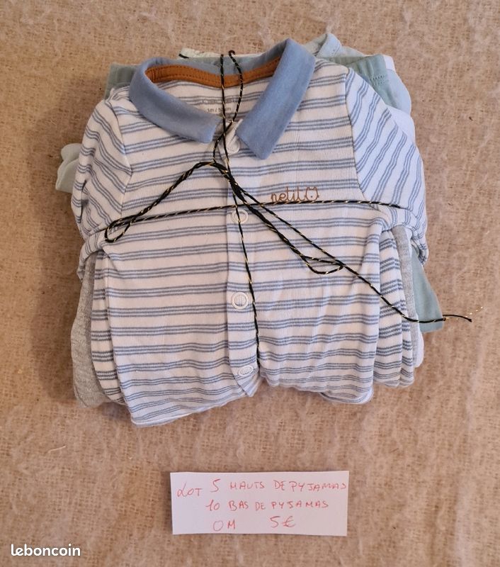 Lot 5 hauts de pyjamas + 10 bas de pyjamas 0mois (image 1)