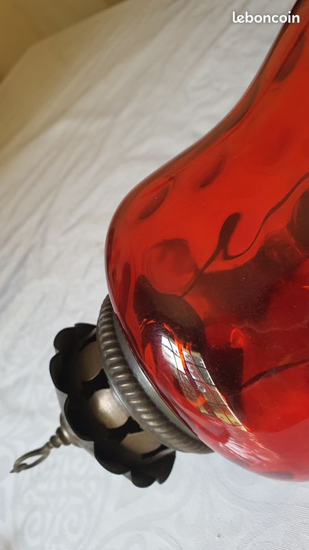 Suspension orientale (Turquie) en verre soufflé rouge et cuivre travaillé. Ambiance lumineuse unique. Peut servir d'enseigne lumineuse (image 5)