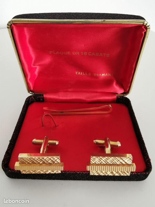 Boutons de manchette plaqués or 18 carats taillé diamant et écrin vintage (image 2)