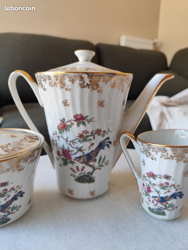 Trois pièces de service à café / thé Porcelaine Chauvigny F.D - Oiseau de paradis (image 3)