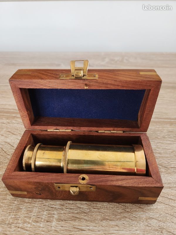Longue-vue De Poche En Laiton 15 Cm - Avec Boîte En Bois - Télescope Miniature Vintage, Objet De Collection