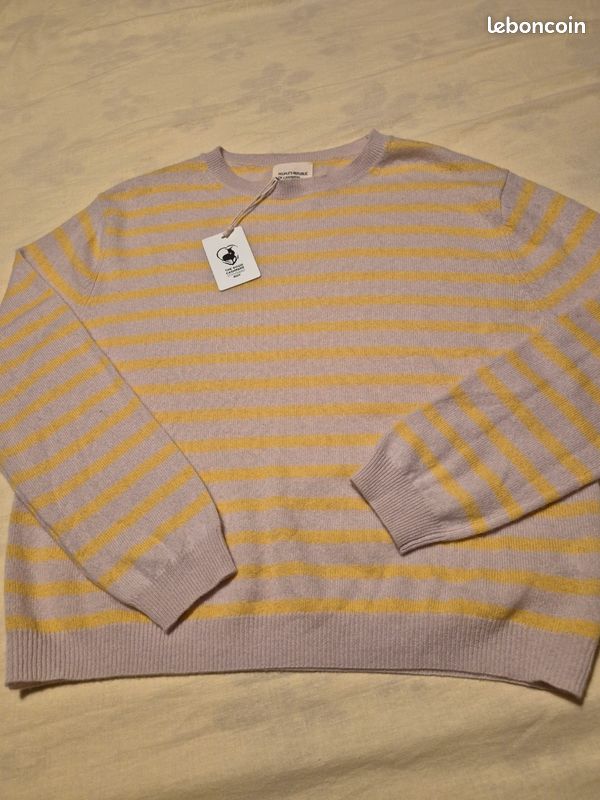 Pull Cachemire Rayé Gris, Jaune, Crème C&C California - Taille XS - Neuf Avec étiquettes
