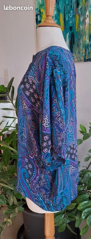 Sublime blouse vintage tons bleus, violets taille 44-46 (image 5)
