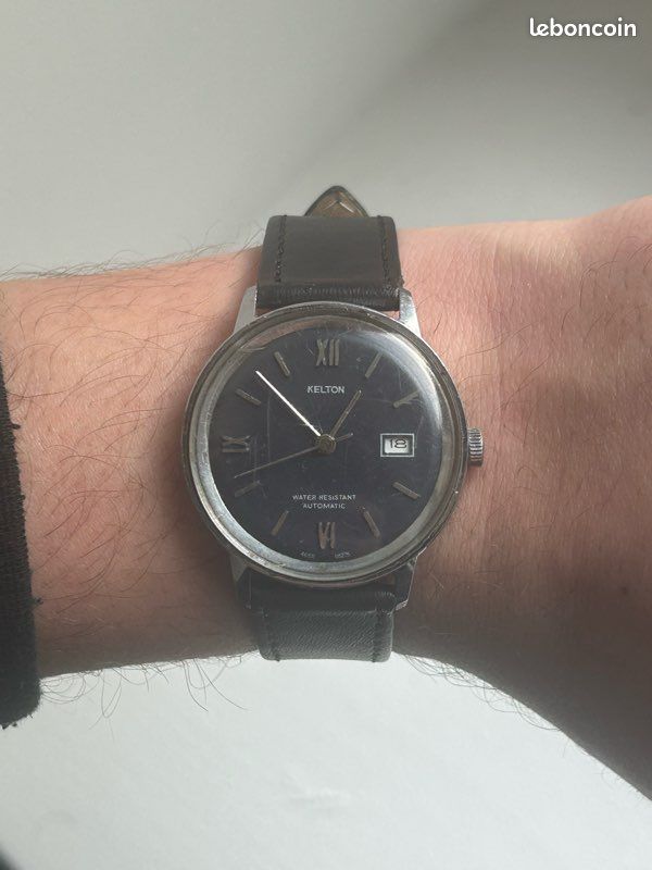 Montre Automatique Vintage Kelton Trias - Bracelet Cuir Noir - Occasion Fonctionnelle