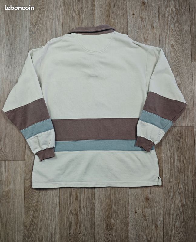 Sweat / Polo rugby à manches longues Vintage Schott NYC – Écru, marron et bleu – Taille L (image 9)