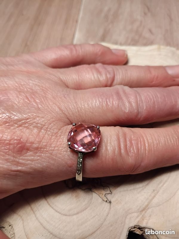 Bague Argent Sterling Avec Strass Et Pierre Rose - Occasion - État Visible En Photos