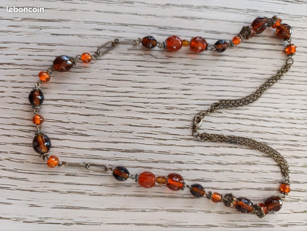 Collier Vintage Années 80 – Perles De Verre, Ambre Et Argent, Très Bon état
