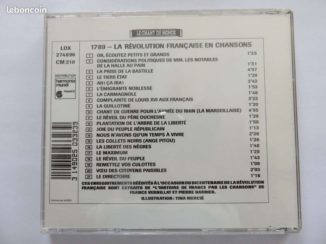 CD 1789 - La Révolution Française en Chansons 21 titre - frais d'envoi 2,75 euross (image 2)
