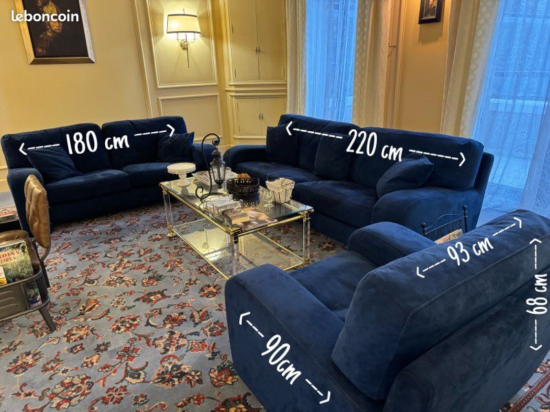Canapé 3 Places Bleu Velours – 180 Cm, Design Moderne, Neuf