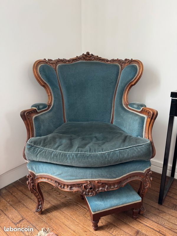 Fauteuil Louis XV Style Baroque Velours Bleu Et Marron En Hêtre (neuf)