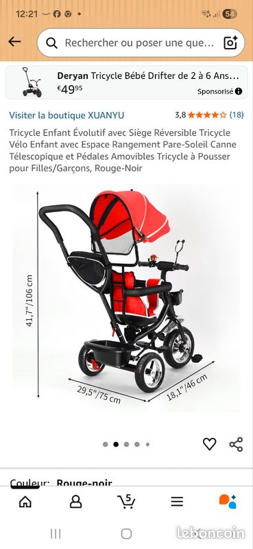 Tricycle évolutif 1-5 Ans – Siège Réversible, Pare-soleil, Guidon Télescopique – Pliable, 3 Modes – Envoi France