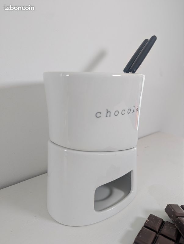 Service à fondue chocolat en céramique blanc avec fourchettes 🍫 (image 2)