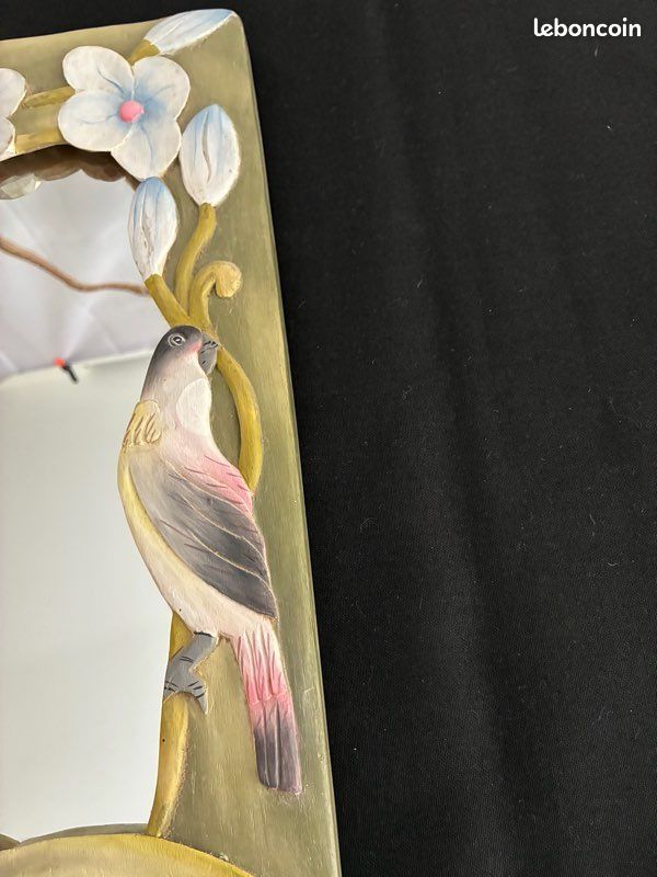 Miroir vintage en bois sculpté oiseau et fleurs (image 3)