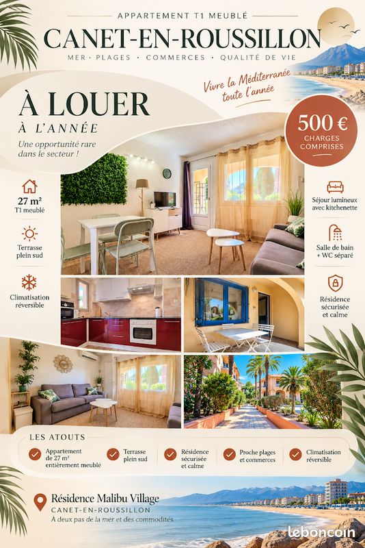 Appartement 1 pièce 27 m² · à Canet-en-Roussillon · 27 m² · 500 €/mois