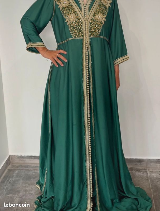 Robe Maxi Kaftan En Coton Vert Indien - Taille Unique, Manches Kimono, Motif Floral (vintage, Fait Main)