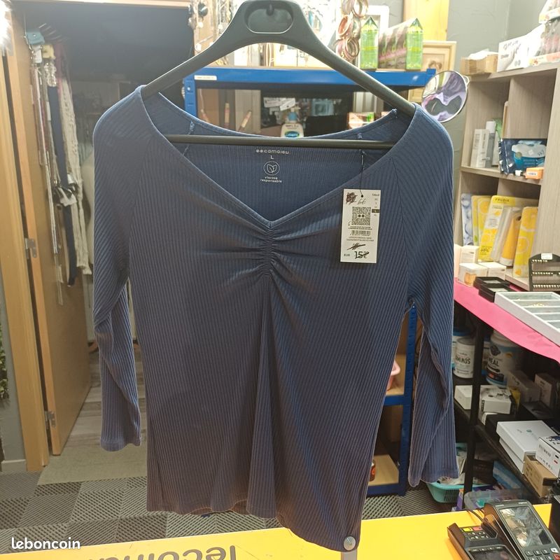 Haut Femme à Manches 3/4 Plissé Bleu Camaïeu L Vêtements