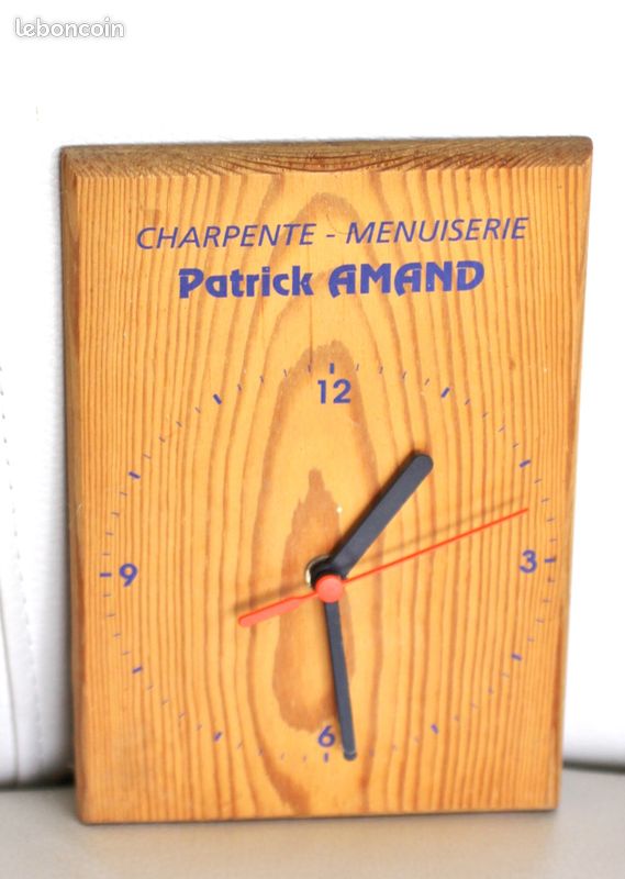 Pendule publicitaire Patrick Amand bois (Manche) - fonctionne - 20 x 13 cm - collection TBE (image 5)