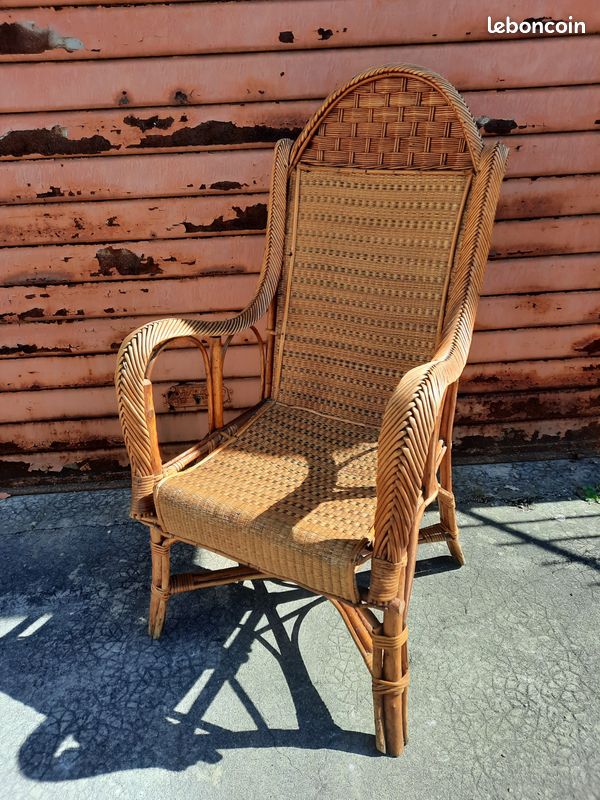 Ancien GRAND FAUTEUIL en ROTIN et CANNAGE Vintage Années 30s 40s Déco Maison Terrasse (image 1)