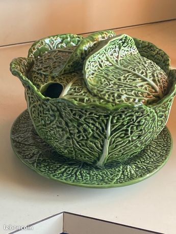 ANCIENNE SOUPIÈRE EN barbotine céramique forme chou + louche EUR 30,00