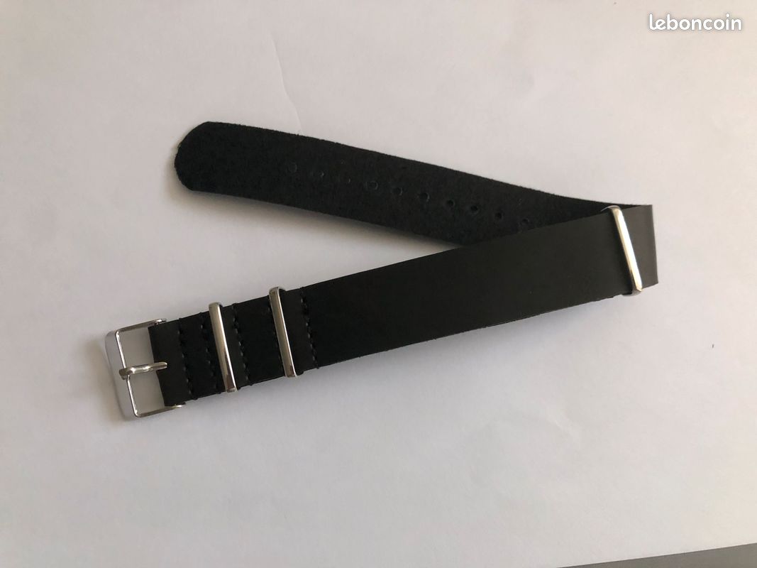 Bracelet De Montre NATO En Cuir Véritable – 20mm – Noir – Fabriqué En Espagne