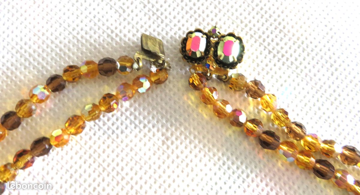 Collier Vintage Alexis Lahellec – Cristaux Et Ambre Sur Cuivre Doré 24k | Bijou Ancien