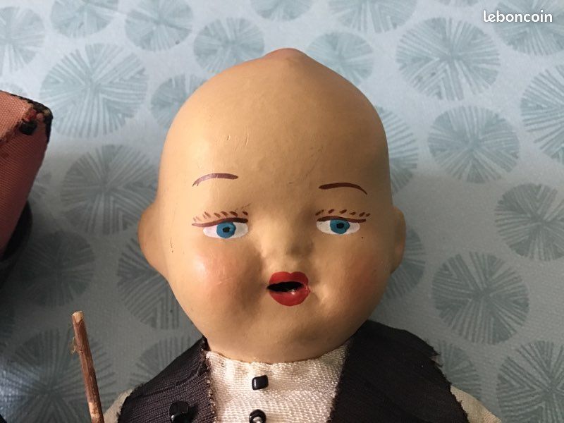 Petite Poupée Ancienne En Terre De Pipe - Années 1930 - Tête En Porcelaine