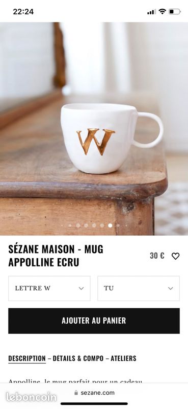 Sézane Maison - Mug Appolline Ecru - Lettre A - Céramique - Sézane