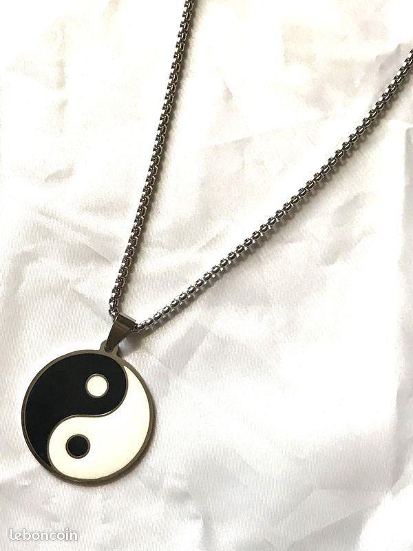 Collier Pendentif Points Virgules Blanches Noires Cercle Bijou Argenté Fantaisie Hommes Femmes (image 3)