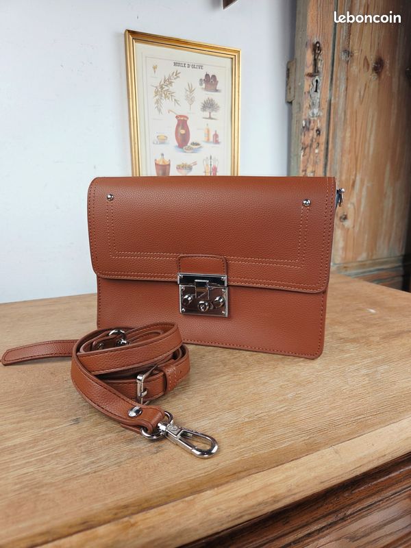 Sac à main façon cartable cuir marron cognac, marque Fuchsia, bon état (image 1)