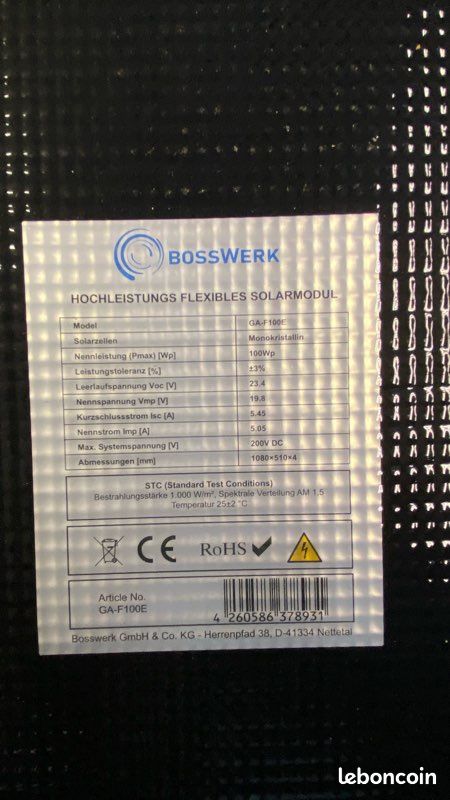 Panneau solaire flexible 100 Watts 5,45A (image 1)
