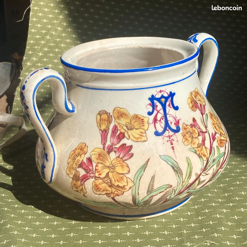 Ancien sucrier Service Nella Vieillard oiseau polychrome fleurs, pot ravissant (image 17)