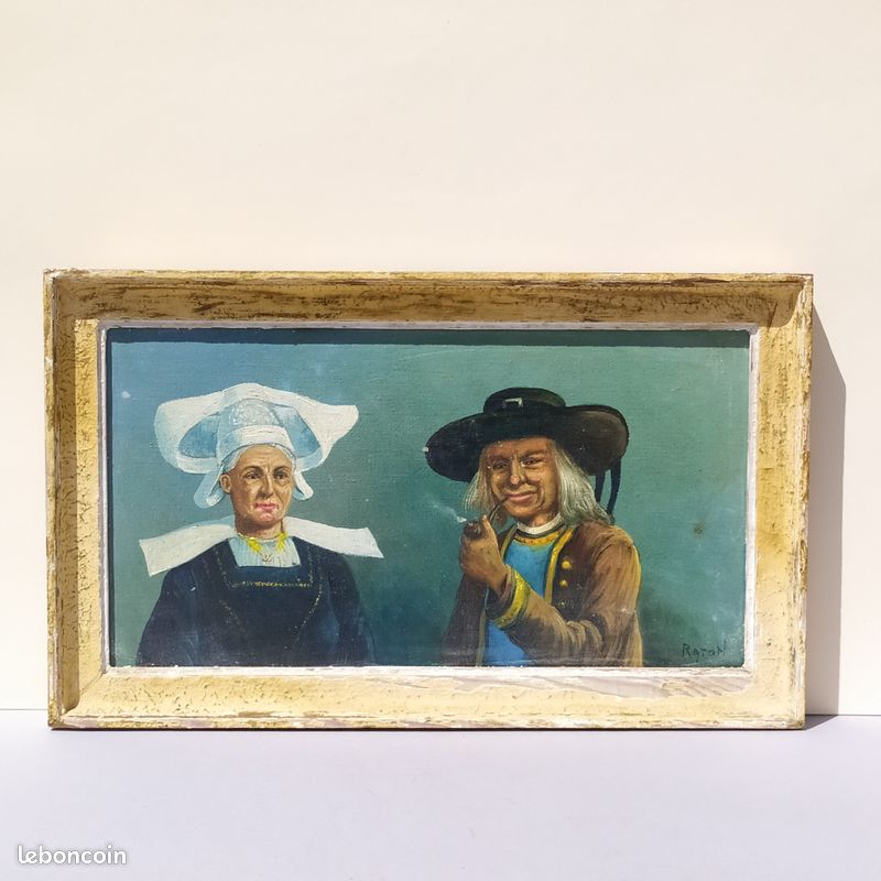 Tableau peinture couple de Breton signé Raton (image 1)