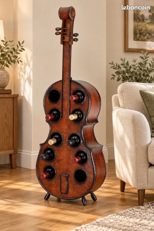 Porte-bouteilles violoncelle 10 bouteilles – Aspect ronce de bois, hauteur 135 cm (image 1)