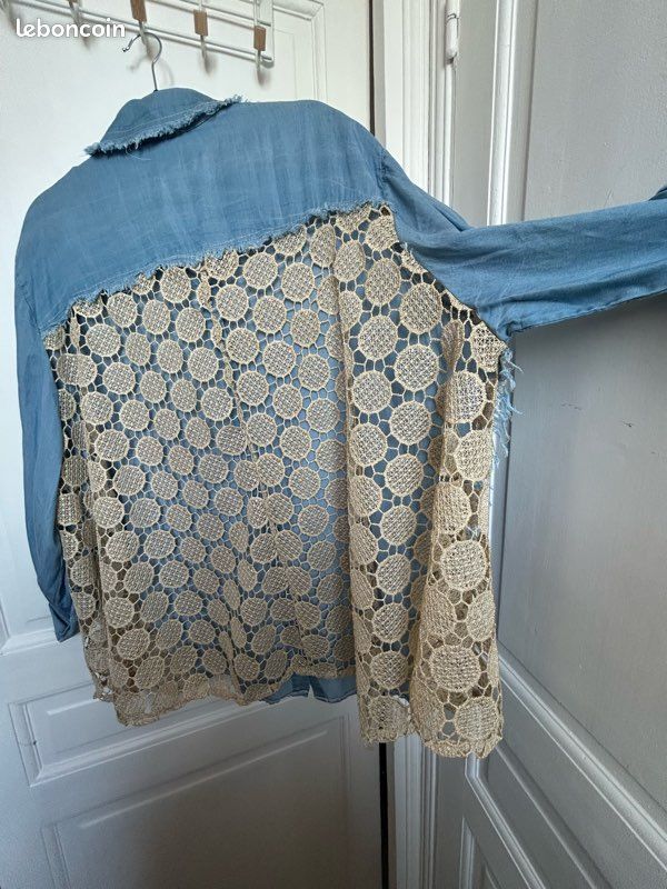 Chemise, veste en lyocel bleu jean et broderie anglaise beige, doré - TU jusqu’au 52 - neuve (image 13)