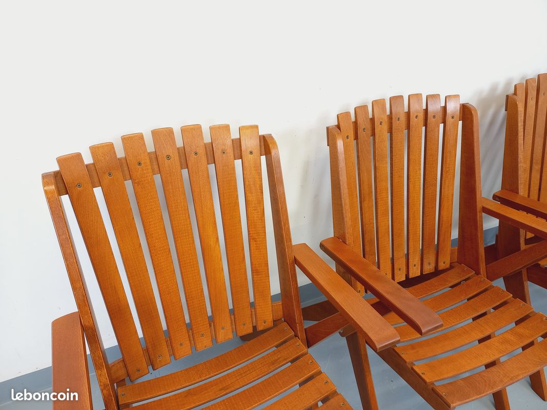 Suite de 4 fauteuils de jardin vintage en bois de hêtre des années 60 (image 3)