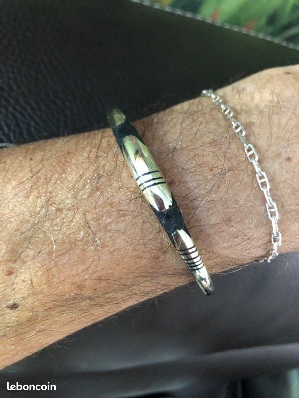 Bracelet Ethnique En ébène Et Argent Gravé - Bon état, D'occasion, Fabrication Française