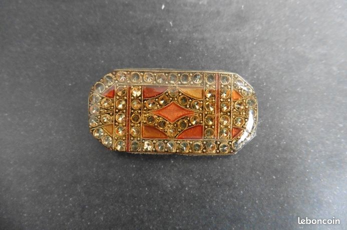 Broche Vintage Art Déco - Émail Beige/orange Avec Strass Blancs - Métal Argenté - Occasion