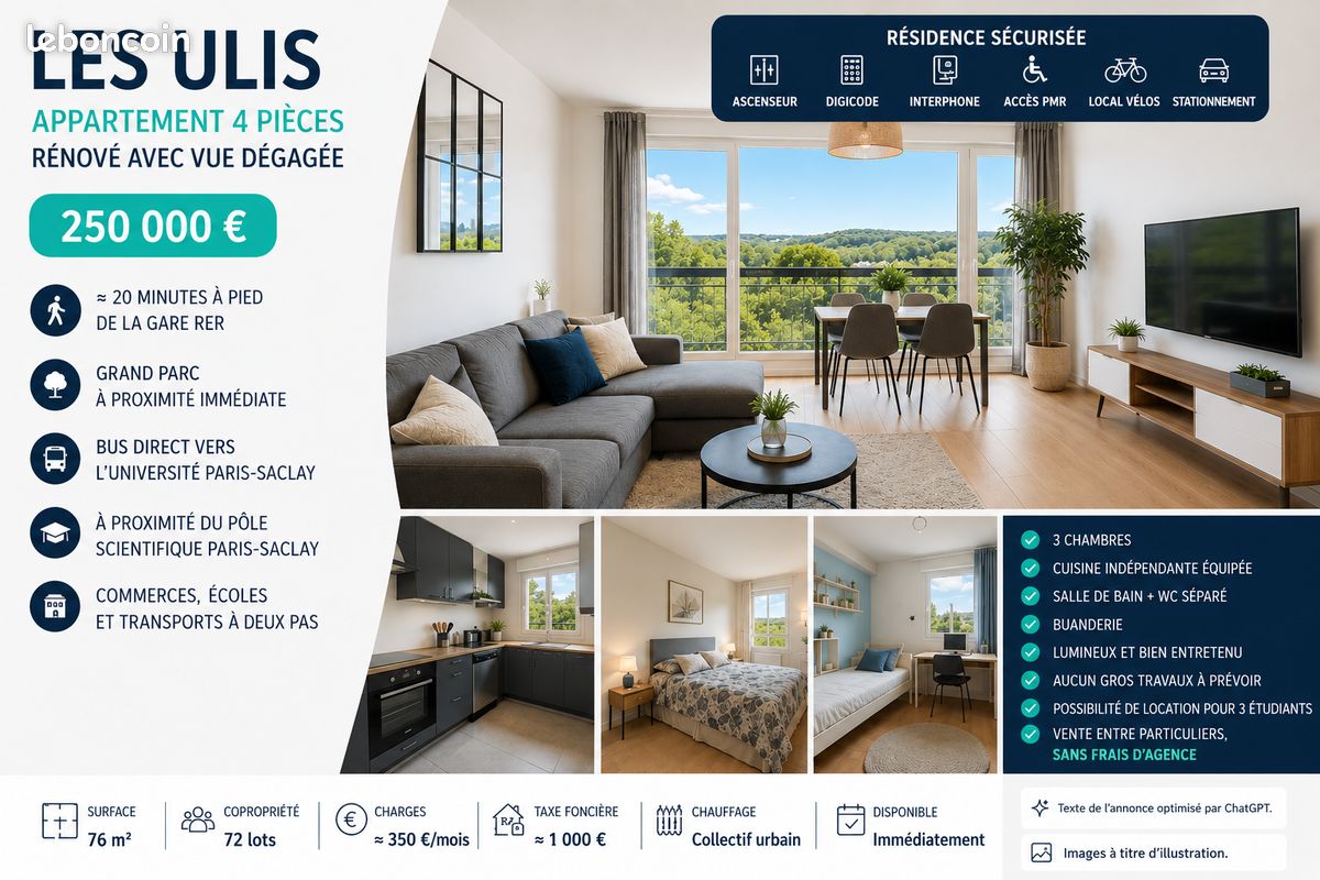 Appartement 4 pièces 76 m² · à Les Ulis · 76 m² · 250 000 €