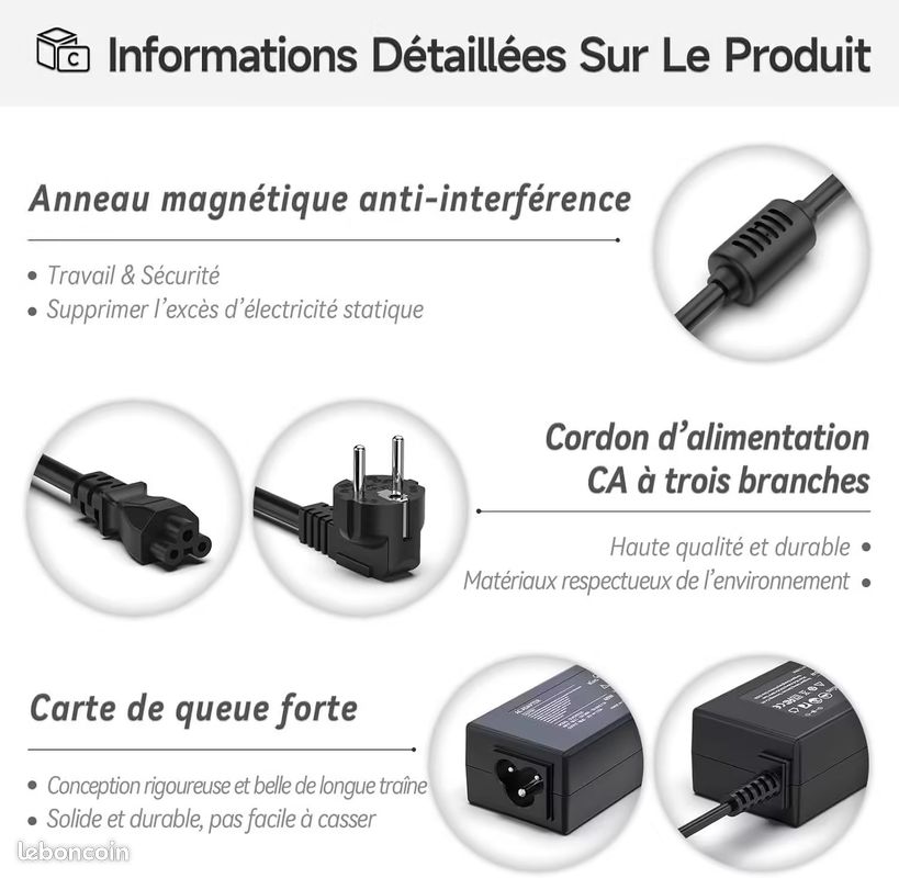 Bloc d'alimentation 45 W 20 V 2,25 A pour ordinateur portable Lenovo ADLX45NLC3A, chargeur AC (image 4)