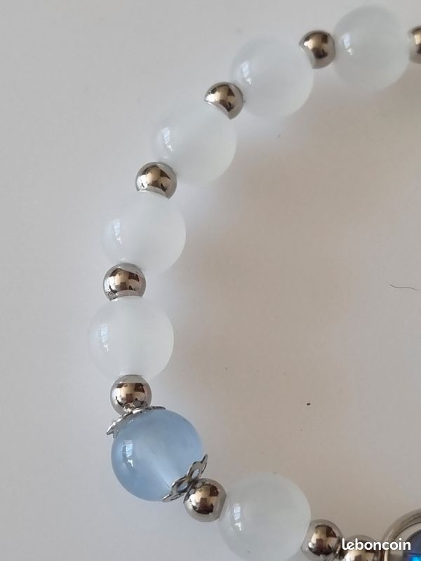 Bracelet Ajustable Breloque Perle Verre Argenté Bleu Et Blanc Nacré - Neuf Sans Emballage