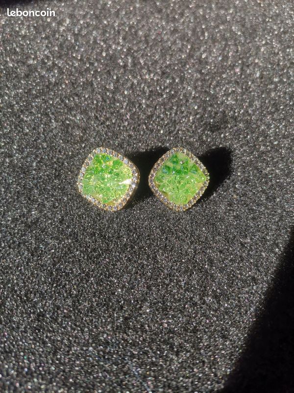 Boucles d'Oreille - Effet Druzy Vert - Entourage Strass (image 3)