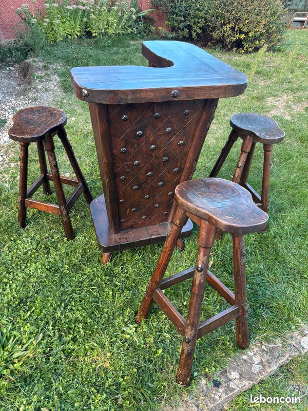 🪵 Bar en bois massif + 4 tabourets – style rustique / chalet (image 2)