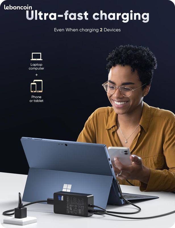 Chargeur 65W 15V Pour Microsoft Surface Pro/Laptop/Book/Go - Remplacement Universel Avec Port USB