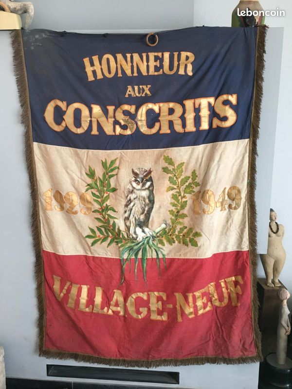 Drapeau ancien tricolore conscrit Village Neuf Alsace 1929-1949 vintage (image 2)